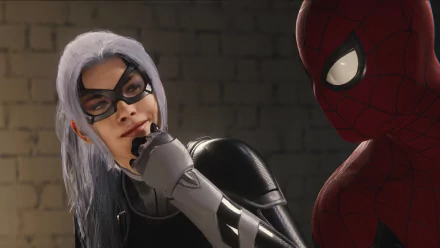 HD PC desktop wallpaper featuring Spider-Man and Black Cat from the Spider-Man (PS4) video game in a detailed Marvel Comics style.