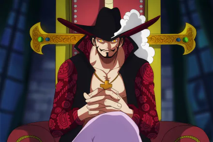 HD anime desktop wallpaper featuring Dracule Mihawk from One Piece seated confidently with his large cross-shaped sword behind him.