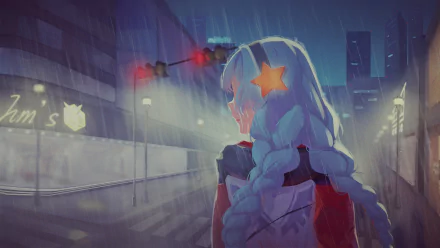 HD PC desktop wallpaper featuring a character from the video game Honkai Impact 3rd standing in a rainy, neon-lit urban environment at night.