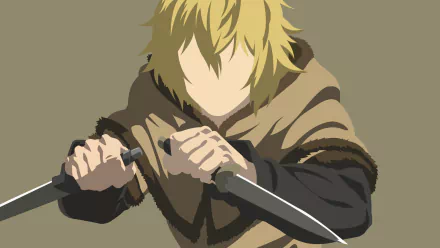 HD anime desktop wallpaper featuring Thorfinn from Vinland Saga, depicted in a dynamic pose holding dual knives against a muted background.