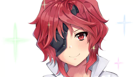 HD anime wallpaper of Hephaestus from Is It Wrong to Try to Pick Up Girls in a Dungeon?, featuring vibrant red hair and a confident smile with an eyepatch.