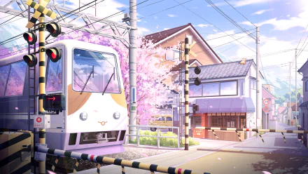 HD anime train scene featuring a crossing with blooming cherry blossoms, traditional buildings, and clear blue skies as a desktop wallpaper and background.