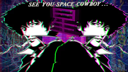 A 4K Ultra HD vaporwave-style Cowboy Bebop wallpaper featuring Spike Spiegel with glitch effects and neon colors, captioned See You, Space Cowboy...