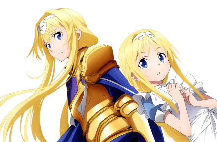 Alice Zuberg from Sword Art Online: Alicization — armored knight and soft white-dress portrait side-by-side on a bright 4K Ultra HD anime desktop wallpaper.