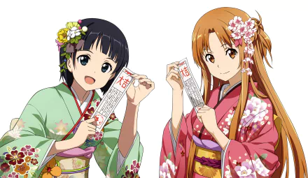 Suguha Kirigaya and Asuna Yuuki from Sword Art Online wear floral kimonos, holding omikuji papers in this vibrant 4K Ultra HD anime desktop wallpaper.