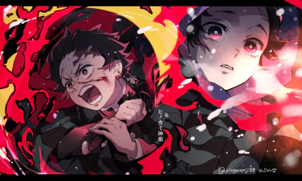 HD desktop wallpaper featuring Tanjiro Kamado from the anime Demon Slayer: Kimetsu no Yaiba. The image showcases dynamic and emotional scenes with vibrant colors.