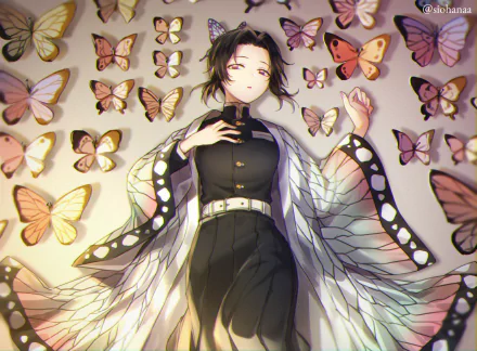 HD wallpaper featuring Shinobu Kochou from Demon Slayer: Kimetsu no Yaiba, surrounded by colorful butterflies.