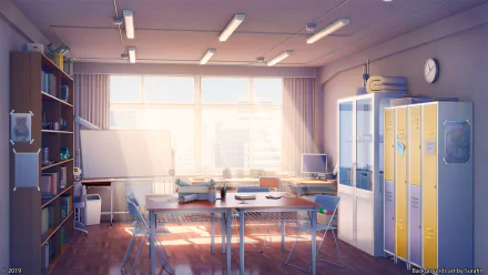 HD desktop wallpaper featuring an anime-style interior room with bright lighting, bookshelves, lockers, desks, and a whiteboard. The scene is serene and sunlight streams in through large windows.