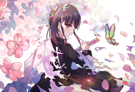 Kanao Tsuyuri from Demon Slayer: Kimetsu no Yaiba is depicted in an anime-style HD wallpaper. She holds her sword amid cherry blossoms and a vibrant butterfly.