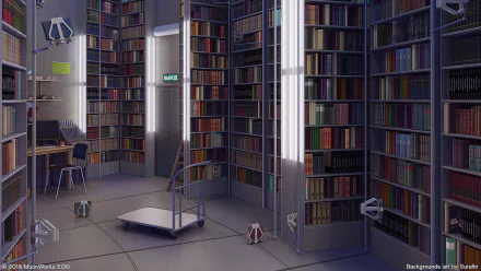 HD anime-style desktop wallpaper depicting a quiet library with tall bookshelves, scattered books, and a book cart under soft lighting.