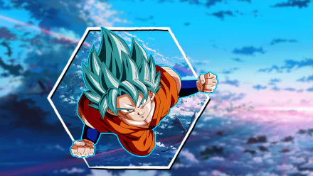 Dragon Ball Super's Goku in blue Super Saiyan form streaks forward above a vibrant sky — HD anime PC desktop wallpaper/background.