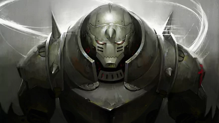 A high-definition desktop wallpaper featuring Alphonse Elric from the anime Fullmetal Alchemist, showcasing his armored form in a dramatic and detailed artistic style.