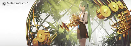 HD PC desktop wallpaper featuring Hatsune Miku from Vocaloid, standing in a sunlit forest holding a French horn, surrounded by floating golden musical instruments.