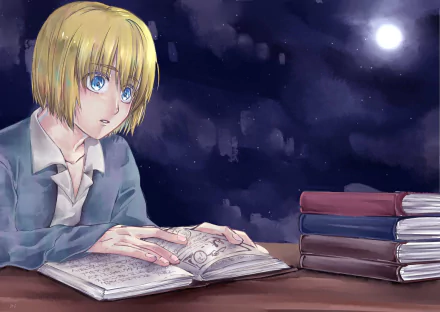 Armin Arlert from Attack on Titan studies intensely at night, surrounded by books under a full moon, captured in a detailed anime-style HD desktop wallpaper.