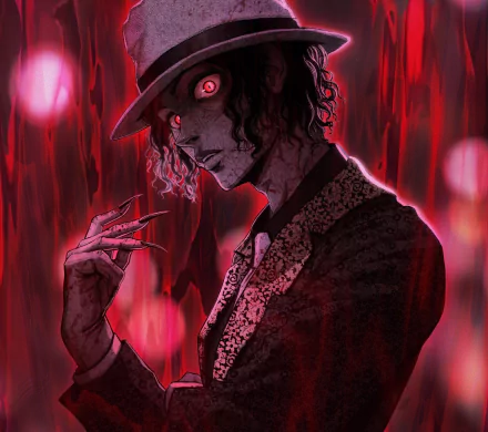 HD PC desktop wallpaper featuring Muzan Kibutsuji from Demon Slayer: Kimetsu no Yaiba, depicted with glowing red eyes and a dark, eerie atmosphere.