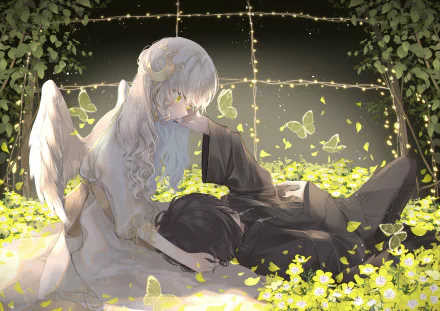 An anime HD wallpaper featuring a romantic scene with a couple. An angel with wings is tenderly looking at a person lying down, surrounded by yellow flowers and illuminated by soft lights.