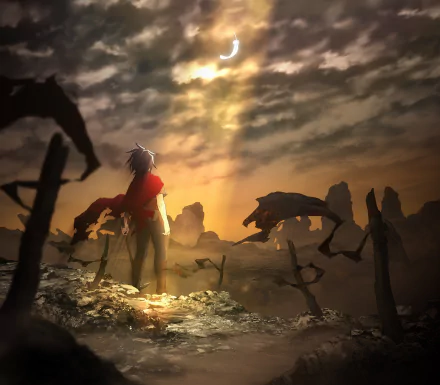 Anime — Shironeko Project: Zero Chronicle. Red-cloaked protagonist stands amid a ruined battlefield under golden light; HD PC desktop wallpaper/background.