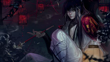 HD anime original artwork features a dark, mysterious figure in a red and white outfit surrounded by glowing lanterns, creating a striking PC desktop wallpaper.