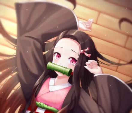 HD anime desktop wallpaper featuring Nezuko Kamado from Demon Slayer: Kimetsu no Yaiba, showcasing her signature pink eyes and bamboo muzzle in vibrant detail.