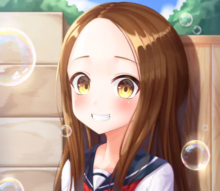 HD anime desktop wallpaper featuring Takagi from Teasing Master Takagi-san (Karakai Jouzu no Takagi-san) with a playful smile and glowing golden eyes.