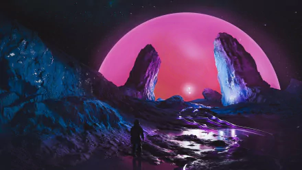 HD PC desktop wallpaper featuring a sci-fi astronaut exploring a surreal alien landscape under a large glowing pink planet, created with Blender artistry.