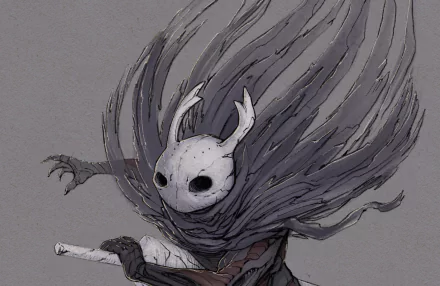 HD PC desktop wallpaper of Hollow Knight featuring the game’s main character with a flowing cloak and white mask against a muted gray background.
