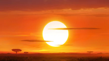 A vibrant fantasy savanna landscape at sunset, with a large glowing sun casting warm orange hues across the horizon, designed as an HD PC desktop wallpaper.