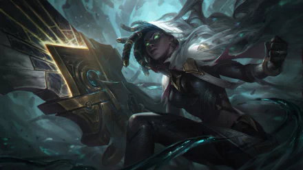 4K Ultra HD wallpaper of Senna from League of Legends, featuring her in a dark, mystical setting with glowing eyes and her signature weapon.