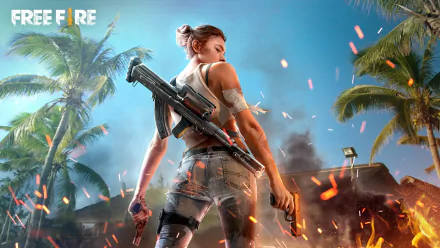 HD PC desktop wallpaper of the Garena Free Fire video game: armed female character seen from behind with rifle and pistols, standing amid flames, smoke, palm trees and the Free Fire logo.