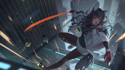 A dynamic HD wallpaper featuring Texas from Arknights. She has yellow eyes, long black hair with animal ears and a tail, holding a katana. The backdrop is a bustling city in a video game setting.