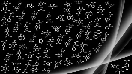 HD desktop wallpaper featuring numerous white chemical structures against a black background, integrating themes of chemistry and technology.