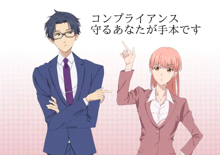 HD anime desktop wallpaper featuring Hirotaka Nifuji and Narumi Momose from Wotaku ni Koi wa Muzukashii, with Japanese text and professional attire.