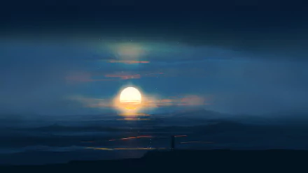 An HD Anime wallpaper depicting a solitary figure under a vibrant sunset sky with scattered clouds, casting a serene ambiance.