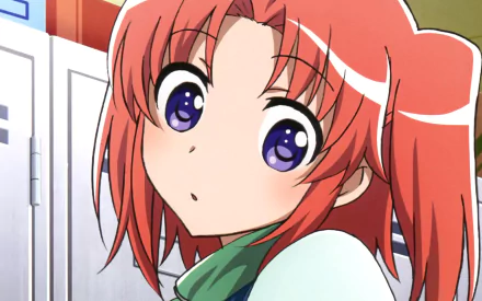 Close-up of Kobeni Yonomori from Engaged to the Unidentified — anime HD PC desktop wallpaper showing her red twin-tailed hair, big purple eyes, green scarf and a surprised expression.