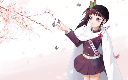 HD desktop wallpaper featuring Kanao Tsuyuri from Demon Slayer: Kimetsu no Yaiba, with butterflies and cherry blossoms in the background.