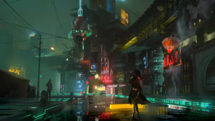A striking cyberpunk cityscape reflecting off wet streets, featuring neon lights, futuristic architecture, and mysterious figures, creating an immersive sci-fi atmosphere.
