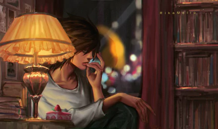 HD anime desktop wallpaper featuring L from Death Note sitting thoughtfully near a lamp and bookshelf in a dimly lit room.