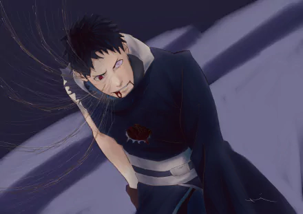Obito Uchiha from Naruto in a dark cloak, wounded with blood at his mouth and a torn chest, black chakra threads swirling over a stormy purple background — 5K Ultra HD PC desktop wallpaper.