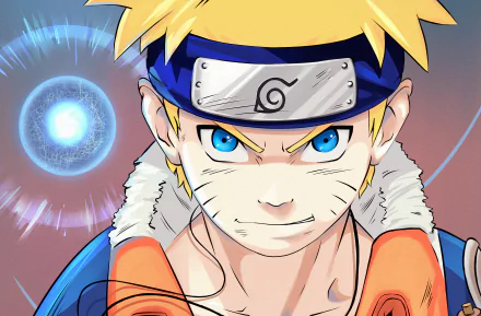 Anime Naruto 2K Quad HD PC desktop wallpaper: close-up of Naruto Uzumaki with forehead protector, intense blue eyes and Rasengan glowing behind him.