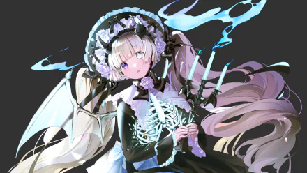 Anime-style original character with heterochromia, dressed in a skeletal-themed outfit with bones and glowing blue accents, set against a dark background in HD desktop wallpaper quality.