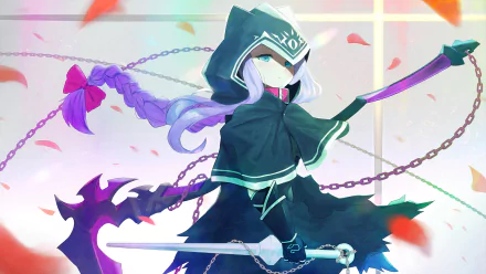 Anime-style HD wallpaper of Medusa from Fate/Grand Order with long purple hair, blue eyes, wielding a scythe and chains, set against a soft, glowing background.