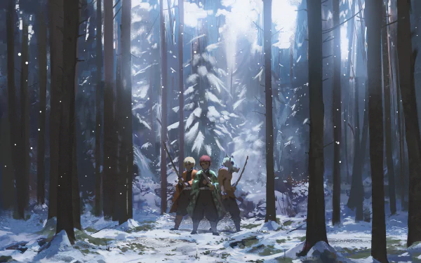 HD desktop wallpaper featuring Tanjiro Kamado, Zenitsu Agatsuma, and Inosuke Hashibira from the anime Demon Slayer: Kimetsu no Yaiba, standing in a snow-covered forest with sunlight filtering through the trees.