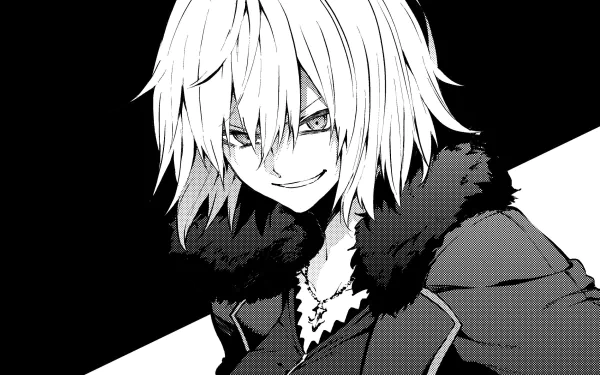 Black and white sketch of Jeanne d'Arc Alter from Fate/Grand Order with short hair and a necklace, styled in a monochrome anime art for an HD desktop wallpaper.