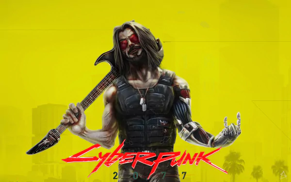 Keanu Reeves as Johnny Silverhand from Cyberpunk 2077, depicted in a 4K Ultra HD PC desktop wallpaper with a bold yellow background.