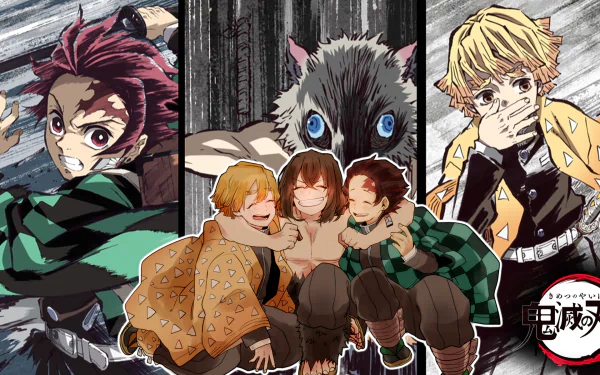 HD desktop wallpaper featuring Tanjiro Kamado, Inosuke Hashibira, and Zenitsu Agatsuma from the anime Demon Slayer: Kimetsu no Yaiba, in various dynamic poses and a group hug.