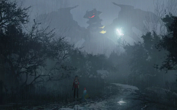 HD PC desktop wallpaper featuring Giratina and Croconaw from Pokémon in a dark, rainy anime-style forest setting.