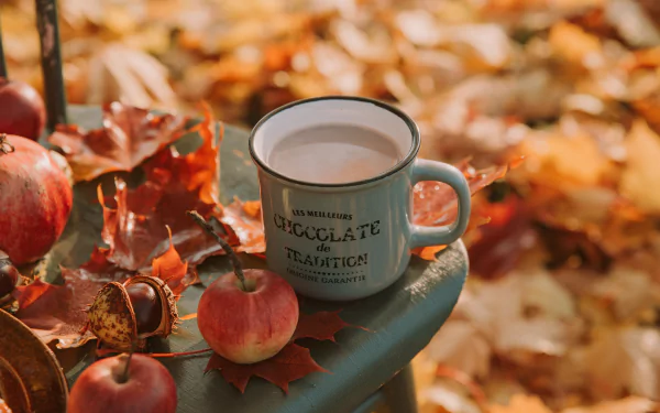 still life drink cup apple leaf fall food coffee fall coffee HD Desktop Wallpaper | Background Image