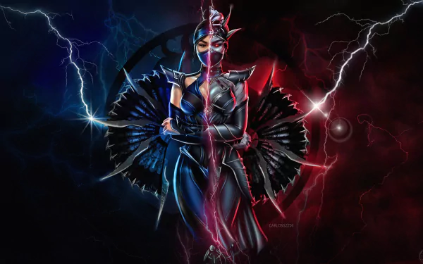 Kitana from Mortal Kombat 11 stands poised with dual fans amid blue and red lightning in this 4K Ultra HD PC desktop wallpaper background.