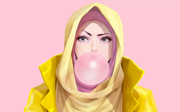 Anime-style digital artwork of a person in a yellow hooded outfit blowing a pink chewing gum bubble, designed as a vibrant 4K Ultra HD PC desktop wallpaper.
