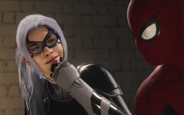 HD PC desktop wallpaper featuring Spider-Man and Black Cat from the Spider-Man (PS4) video game in a detailed Marvel Comics style.